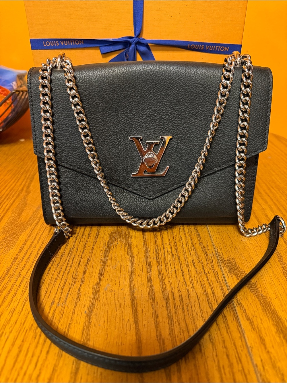 Louis Vuitton Black Leather Chain Shoulder Bag with Silver Hardware cross body